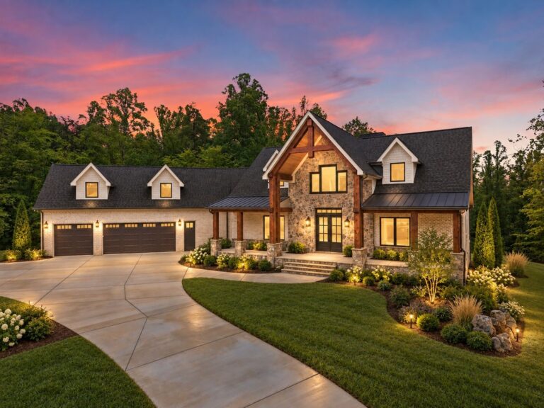 The Timberstone by WOLFE: front exterior at dusk