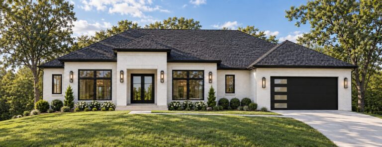 Belmont by WOLFE: front exterior of a white brick ranch home