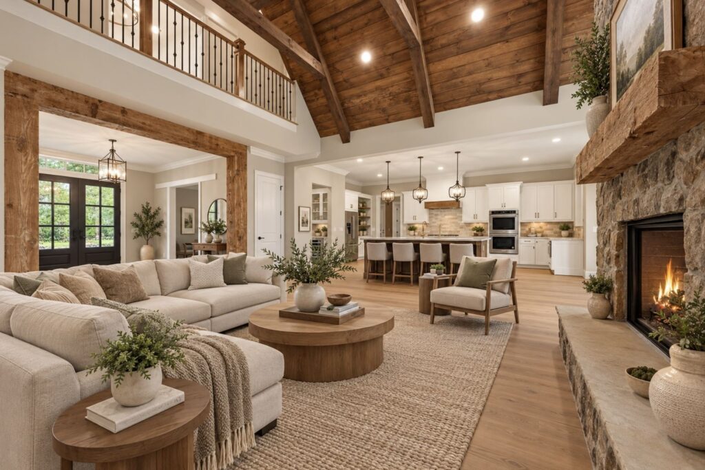 Great room with timber-beam vaulted ceiling, stone fireplace and open kitchen