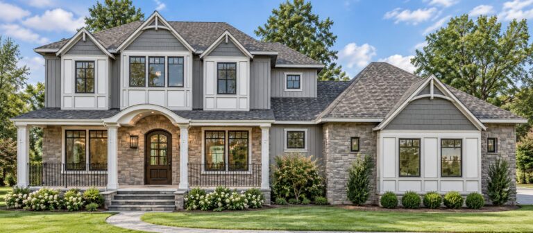 Stonebrook by WOLFE: front exterior with stone and board-and-batten siding